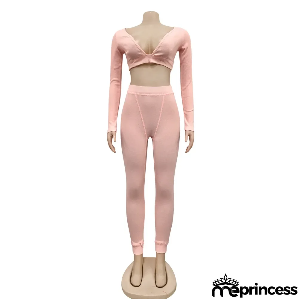 Sexy V-neck Knitted Fashion Casual Long-sleeved Two-piece Suit