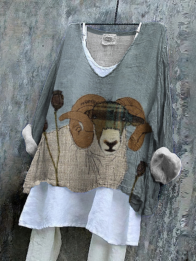 Comstylish Sheep Art Print V-Neck Loose Blouse