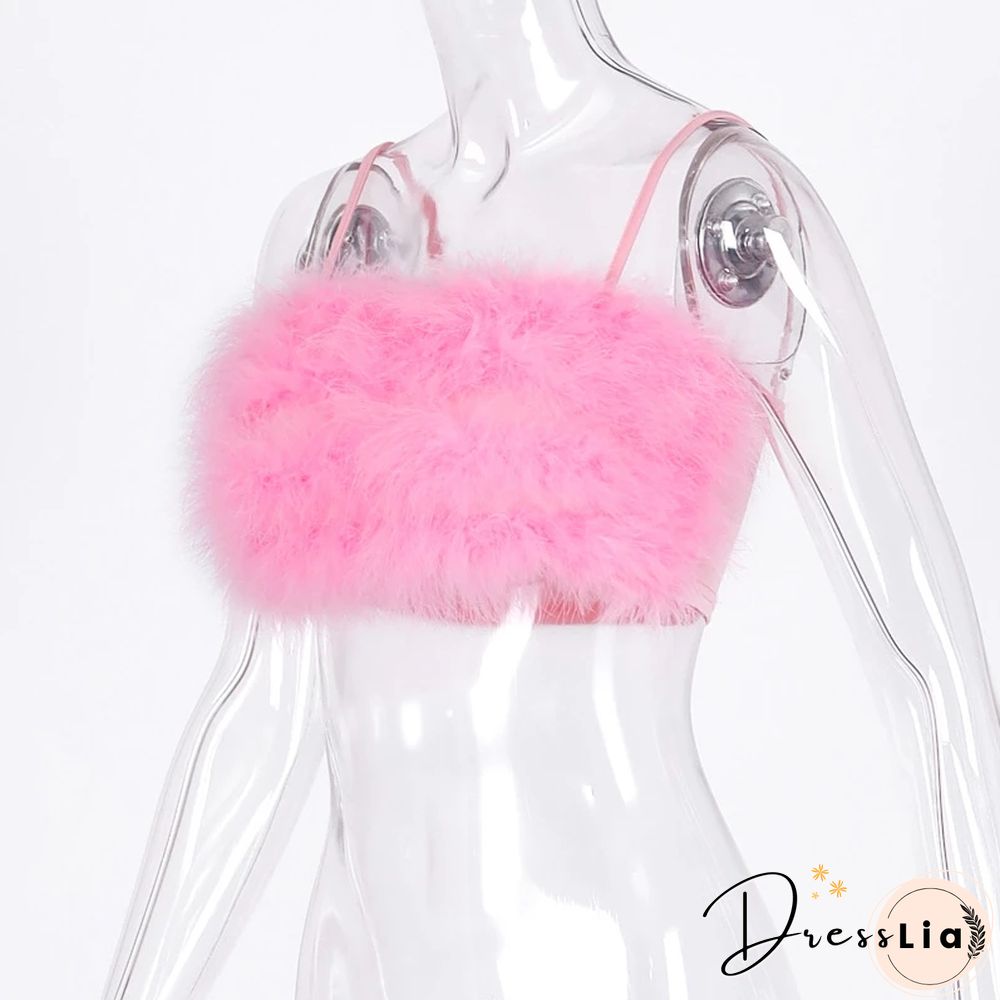 Fashion Sexy Spaghetti Straps Pink Feather Crop Top Women Camisole Sleeveless Tops Party Club Streetwear Camis