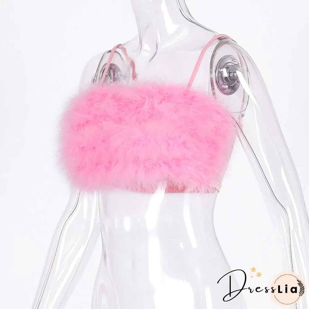 Fashion Sexy Spaghetti Straps Pink Feather Crop Top Women Camisole Sleeveless Tops Party Club Streetwear Camis