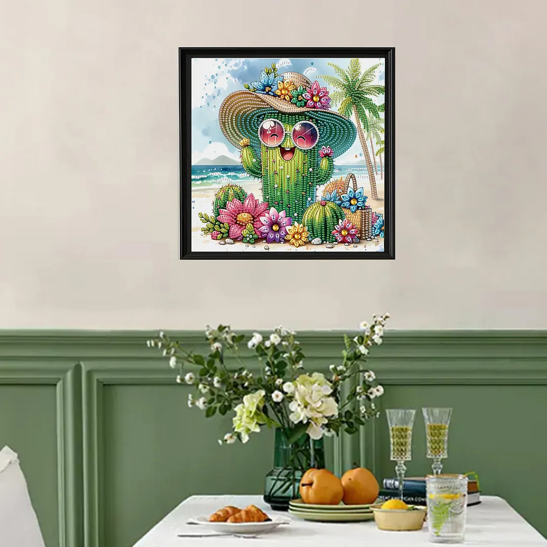 Beach Straw Hat Cactus Special Shaped 5D DIY Partial Drill Diamond Painting Kits for Adults Beginners Home Decor Diamonds Paintings Gem Art 11.81 X11.81inch
