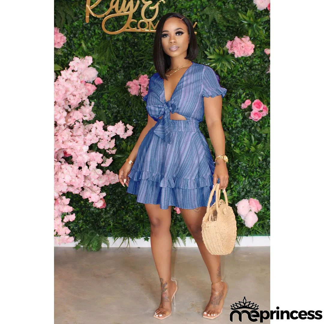 Women Fashion Sexy Stripe Printing Short Sleeve Cut Out Swing Dress