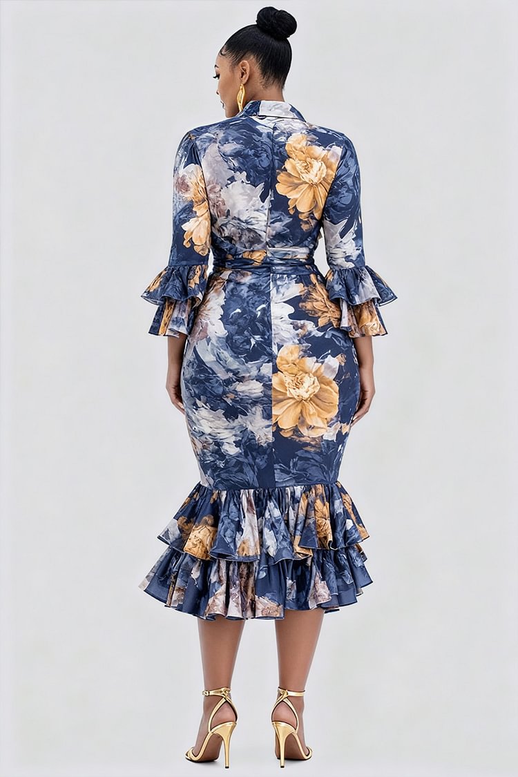 Xpluswear Design Plus Size Wedding Guest Blue Floral Shirt Collar Flare Long Sleeve Ruffle Elegant Bodycon Chiffon Midi Dresses [Pre-Order]