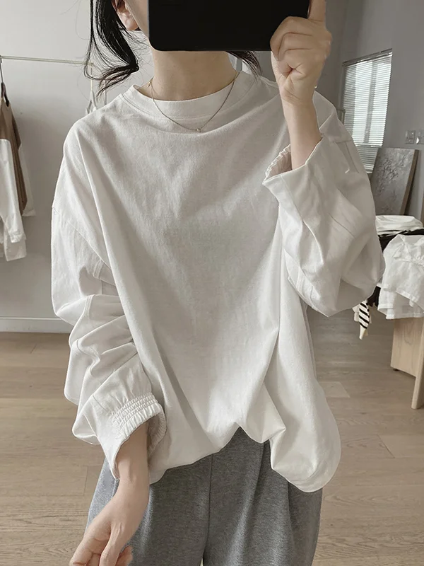 Loose Long Sleeves Split-Side Solid Color Round-Neck T-Shirts Tops