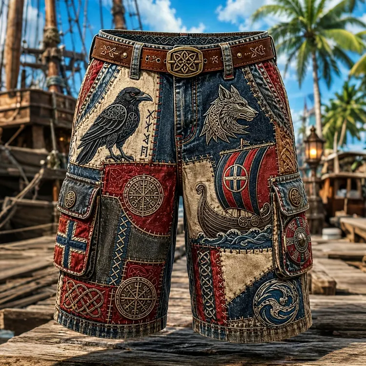 Men's  Retro Norway Nordic Viking Patchwork Art Casual Multi-pocket Shorts