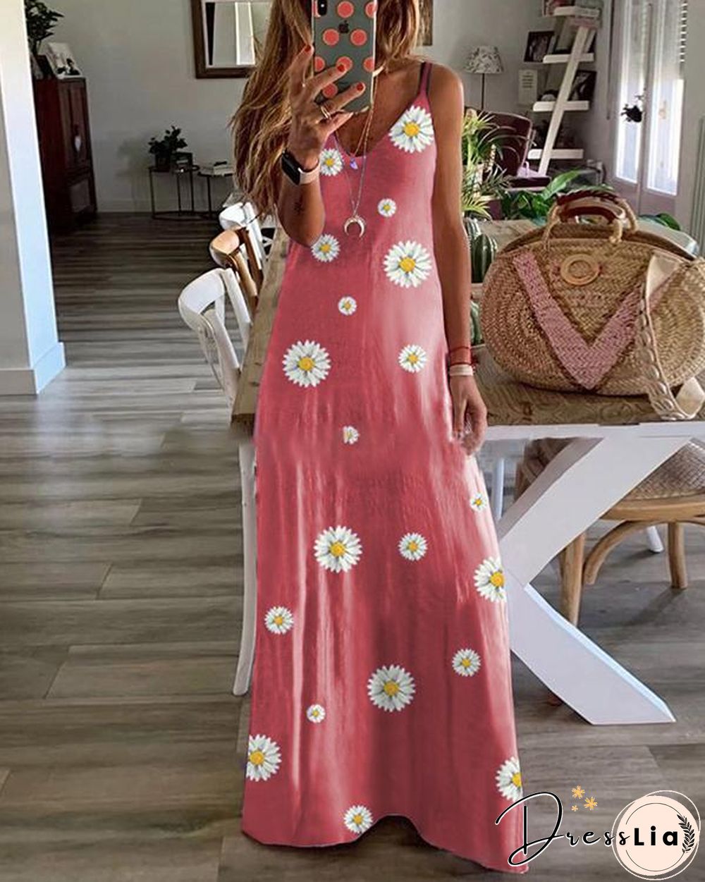 Sleeveless Floral Print V Neck Holiday Maxi Dress