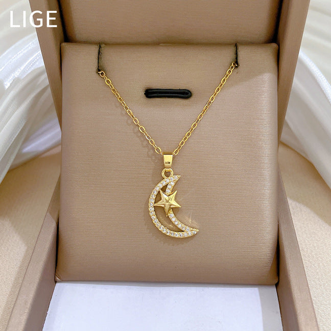 Stars And Moon Full Diamond Gorgeous Full Diamond Necklace Women'S Versatile Clavicle Chain Titanium Steel Chain