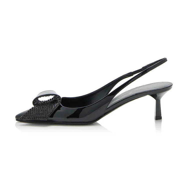 Black Patent Leather Pointed Toe Rhinestone Slingback Kitten Heels |FSJ Shoes