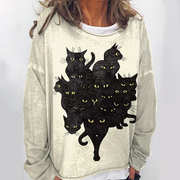 Vefave Casual Cat Print Long Sleeve Sweatshirt