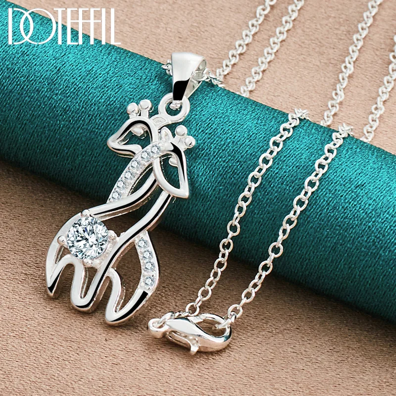 DOTEFFIL 925 Sterling Silver Deer AAA Zircon Pendant Necklace 16-30 Inch Chain For Woman Jewelry