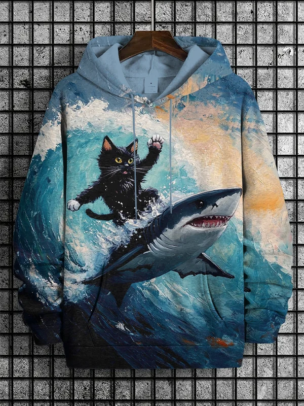 Men's Brave Cat On Shark Oil Painting Art Print Casual Hoodie
