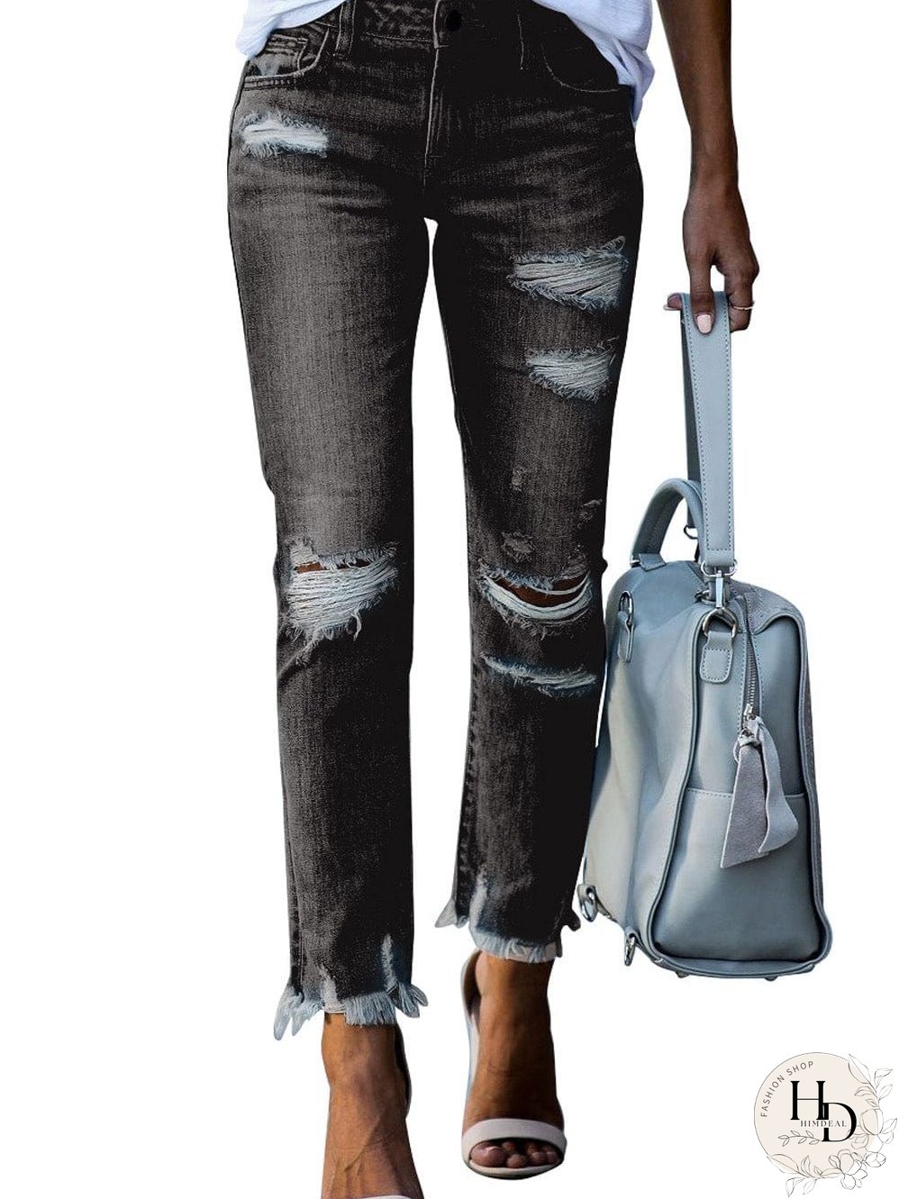 Retro Distressed Straight Leg Black Denim Jeans