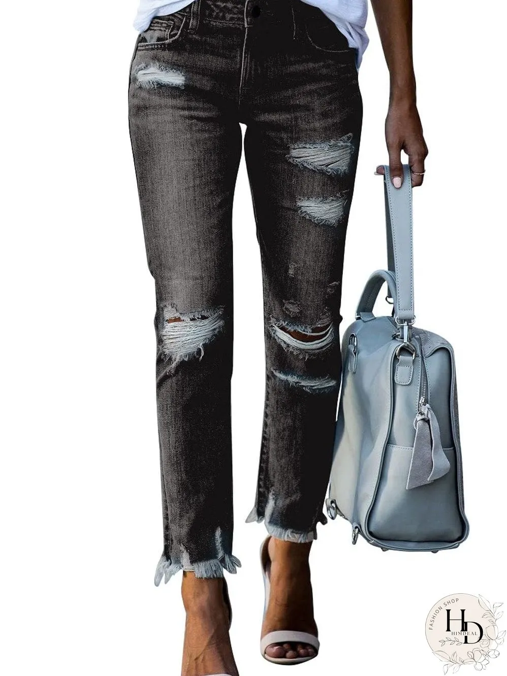 Retro Distressed Straight Leg Black Denim Jeans