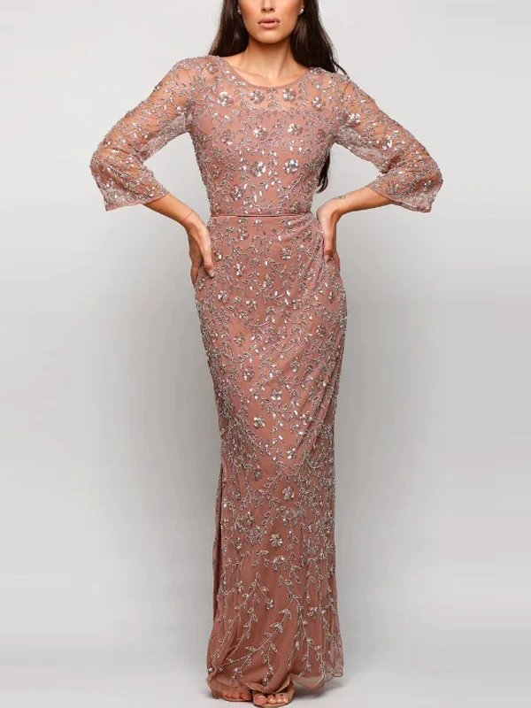 Round neck long sleeve sequined lace maxi dress