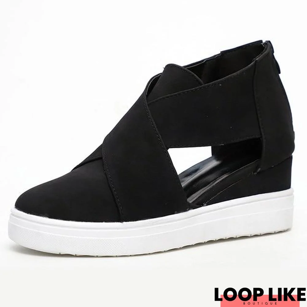 Women Solid High Flats Wedges Heel Height Increasing Chunky Platform Vulcanized Sneakers Shoes