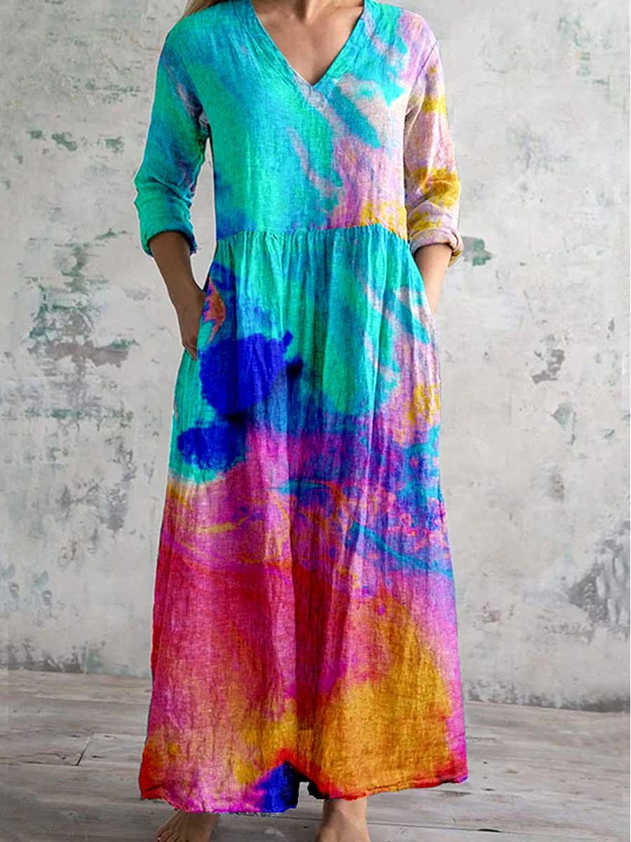 Women's Round Neck Rainbow Gradient Print Dress With Pockets