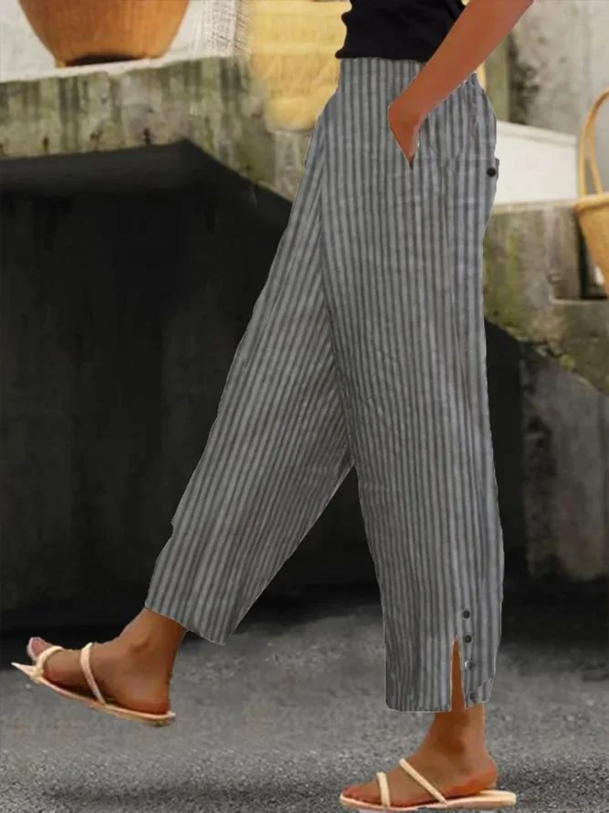 Casual Loose Striped Buckle Pants