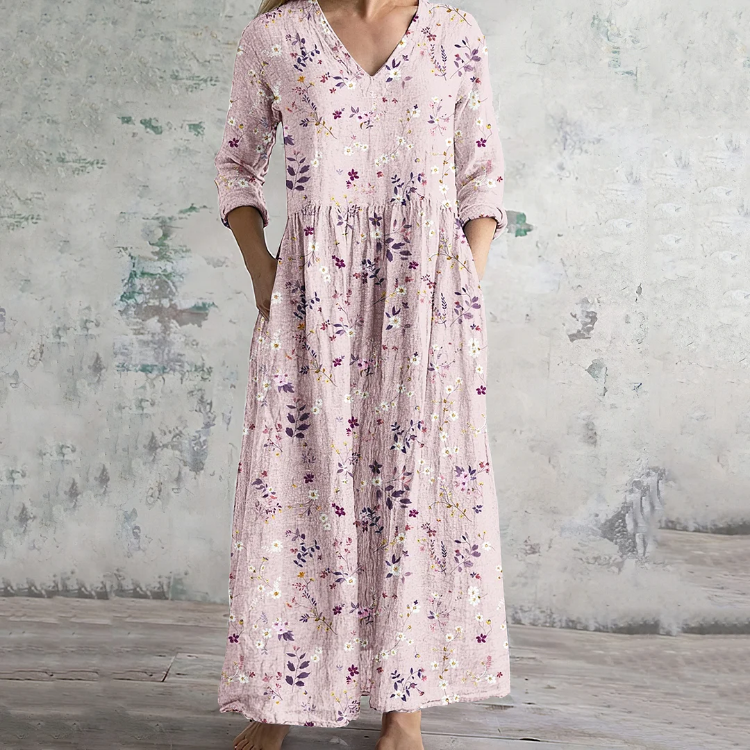 Vintage Wildflowers Floral Art V Neck Linen Blend Maxi Dress