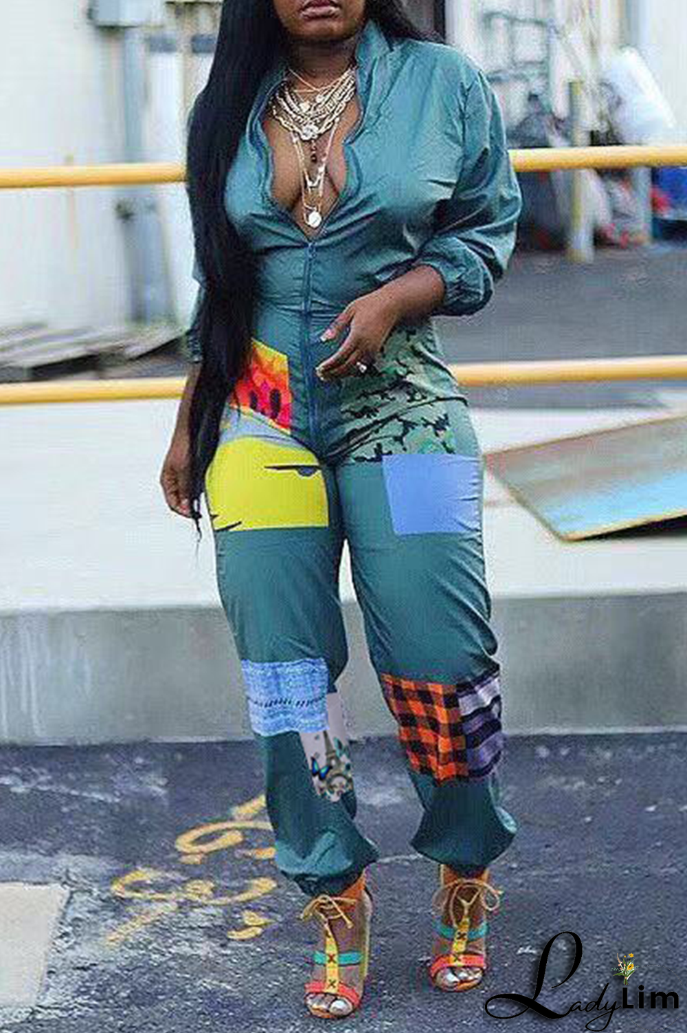 Black Sexy Patchwork Colorblock Printing O Neck Jumpsuits