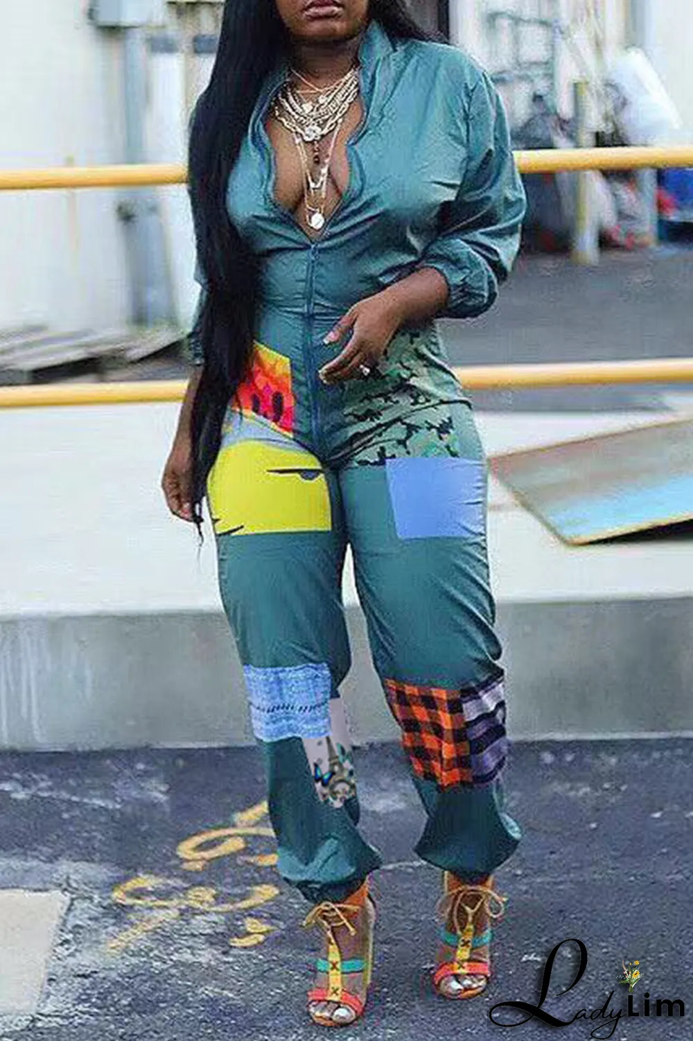 Black Sexy Patchwork Colorblock Printing O Neck Jumpsuits