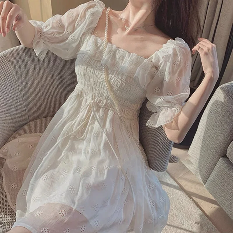 White Puff Sleeve Lace Up Fairy Dresses Women High Waist Slim Chiffon Dress Kawaii Elegant Vintage Dress Women Clothing Vestido