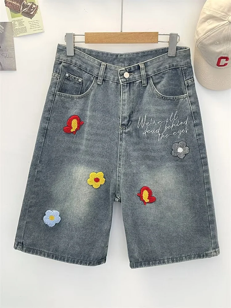 宽松休闲直筒情侣裤立体小花刺绣牛仔短裤男女夏季美式复古高级感