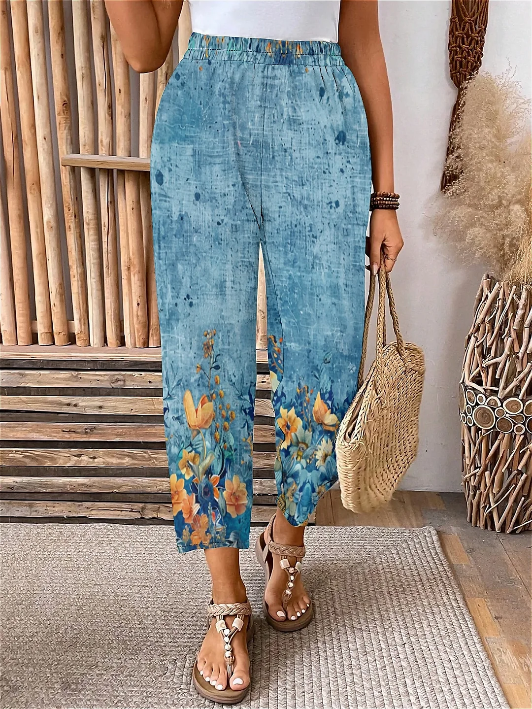 Plus Size Elastic Waist BlueFloralBohemian Printed Pants