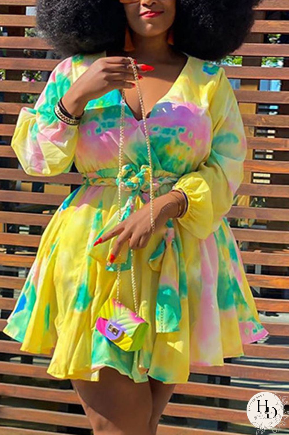 Yellow Sexy Print With Belt V Neck A Line Plus Size