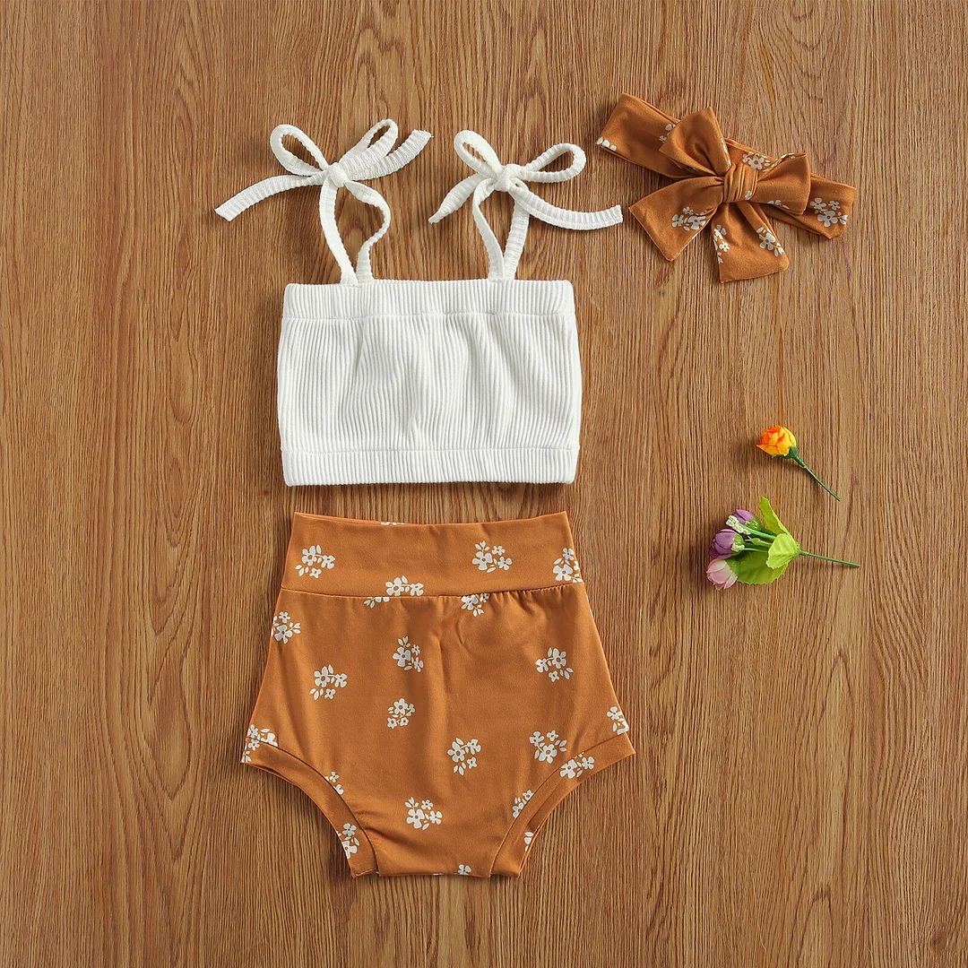 Infant Newborn 3Pcs Baby Girl Summer Outfits, Bow Tie Strap Ribbed Tank Tops + Short Pants + Headband Set