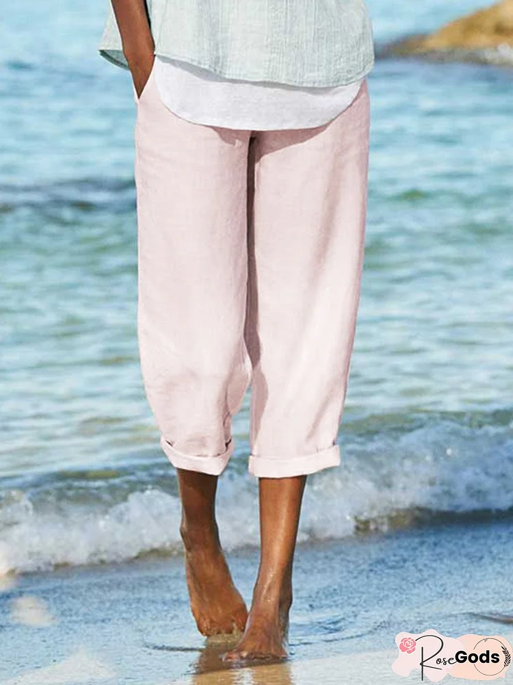 Elastic Waist Paneled Linen Casual Pants