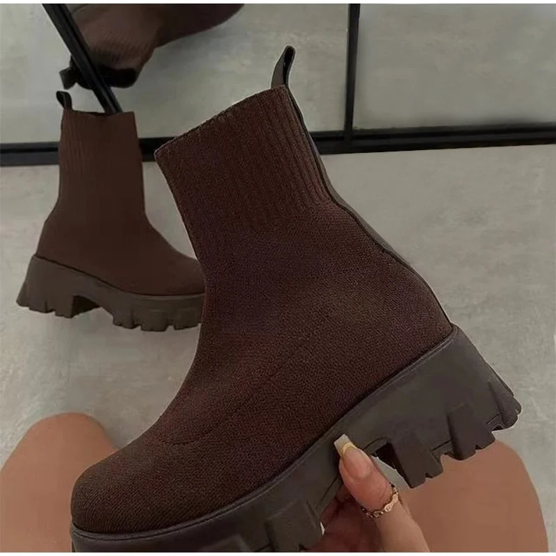 Women Ankle Boots Thick Bottom Knitted Woman Sock Shoes Elastic Fabric Fashion Female Short Boot Autumn Ladies Footwear 2021 New