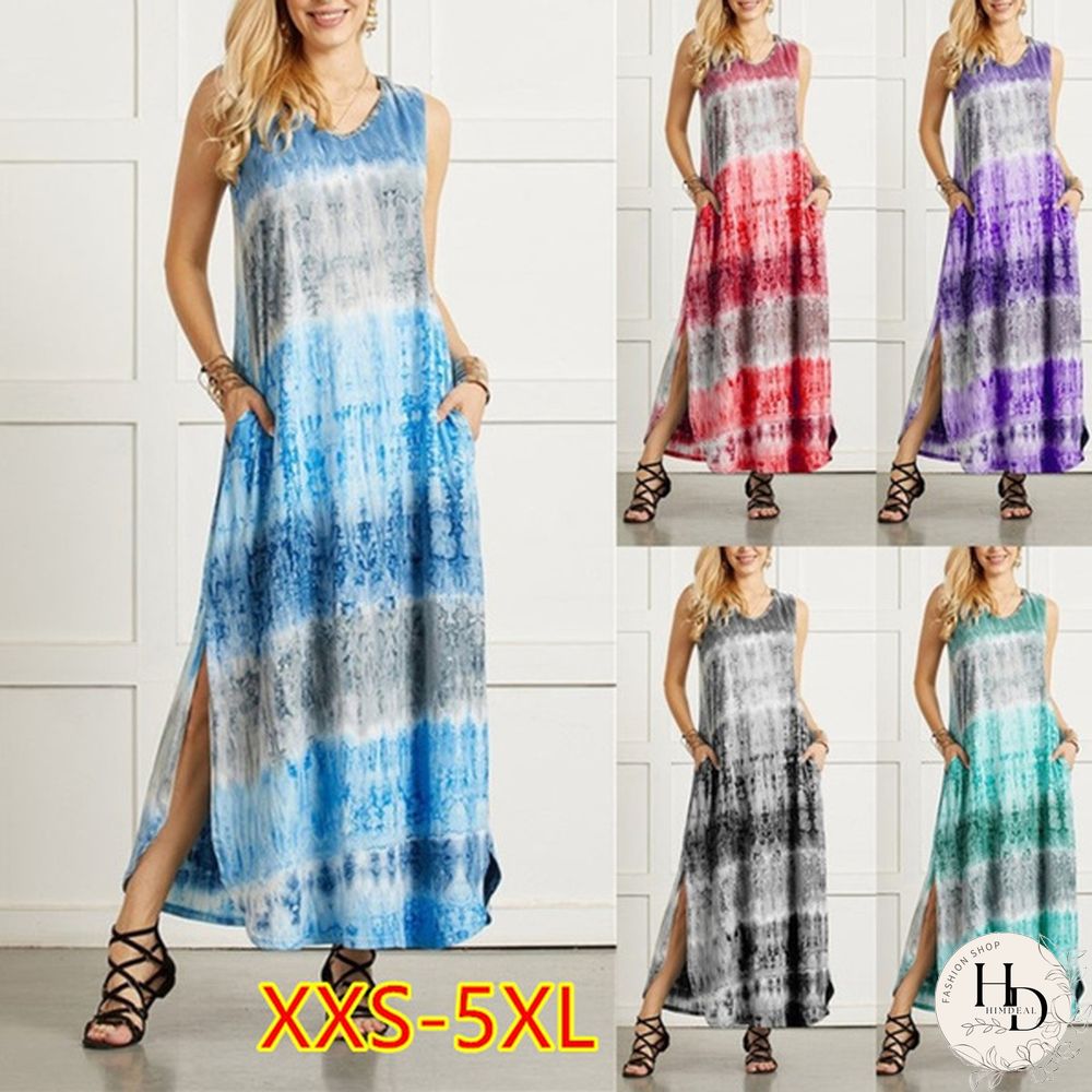 XXS-5XL Womens Boho Sleeveless Maxi DressSummer Casual Loose Tie dye printingLong Sundress