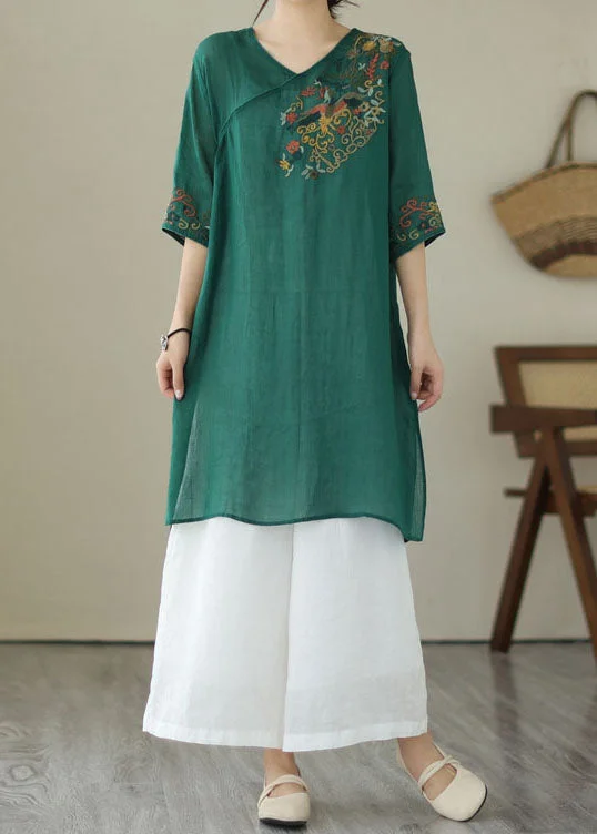 Retro Green Embroideried Patchwork Linen Mid Dresses Summer