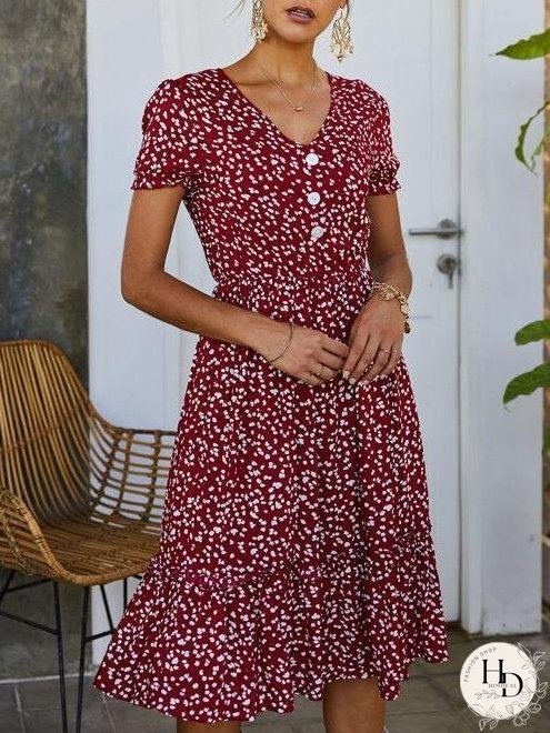 All Over Print Frill Trim Dress for Women