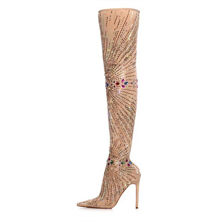 Pointy Toe Stiletto Crystal & Rhinestone Thigh High Boots in Nude |FSJ Shoes