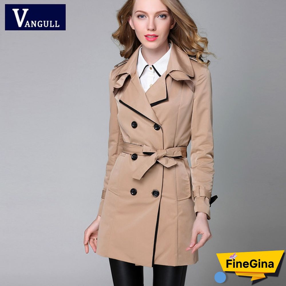 Vangull Brand Trench Coat for Women Turn-Down Collar Double Breasted Long Coats Plus Size