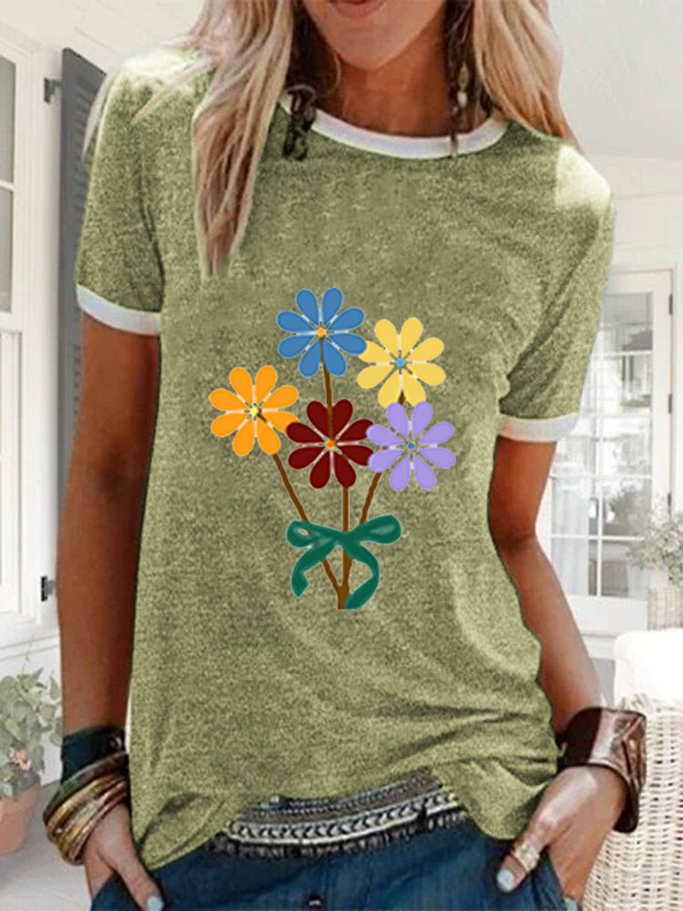 Cartoon Floral Printed O Neck T shirt For Women P1672349