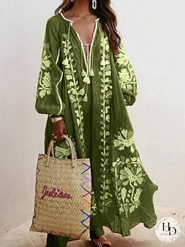 Casual Dress Swing Long Maxi Green Blue Khaki Sleeve Floral Patchwork Fall Spring Neck