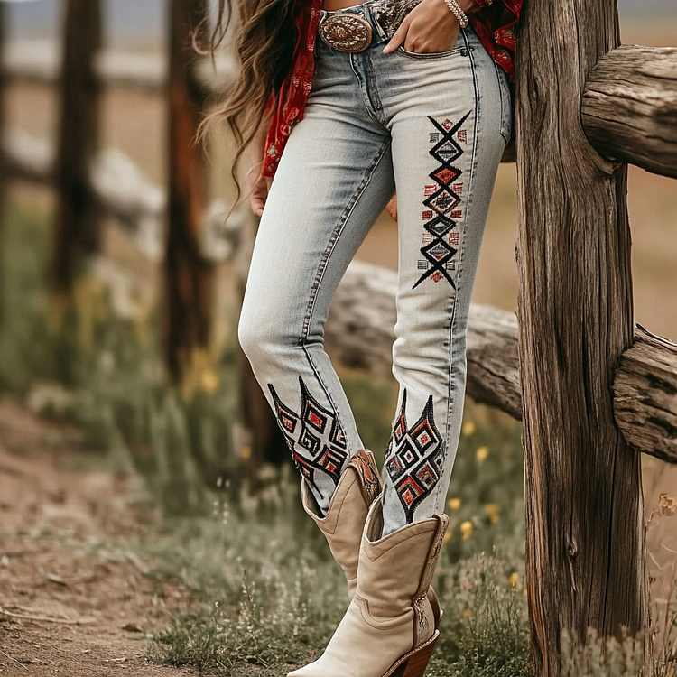 Western Vintage Style Faux Denim Aztec Print Women's Casual Pants