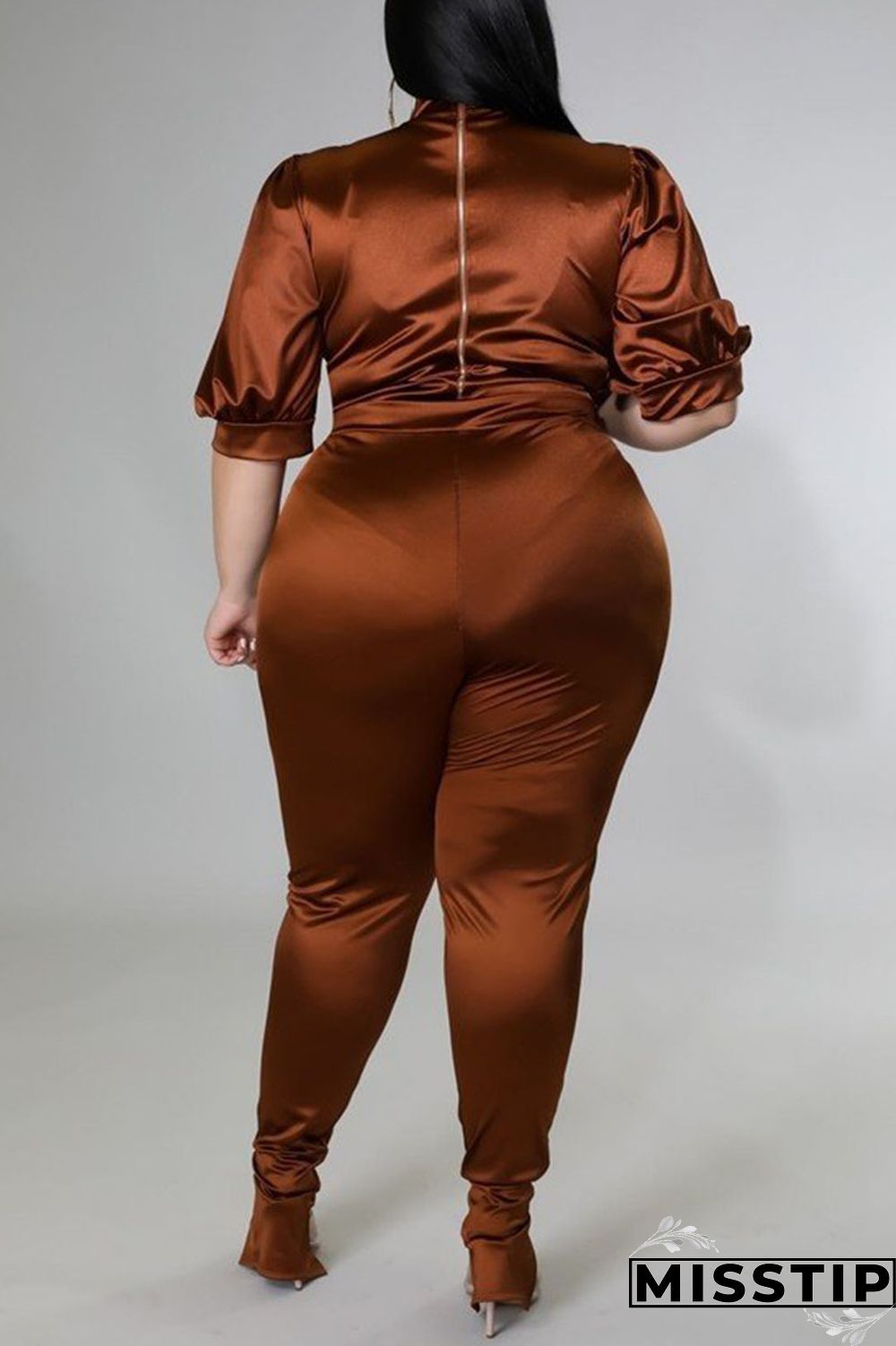 Coffee Casual Solid Patchwork Half A Turtleneck Plus Size Two Pieces