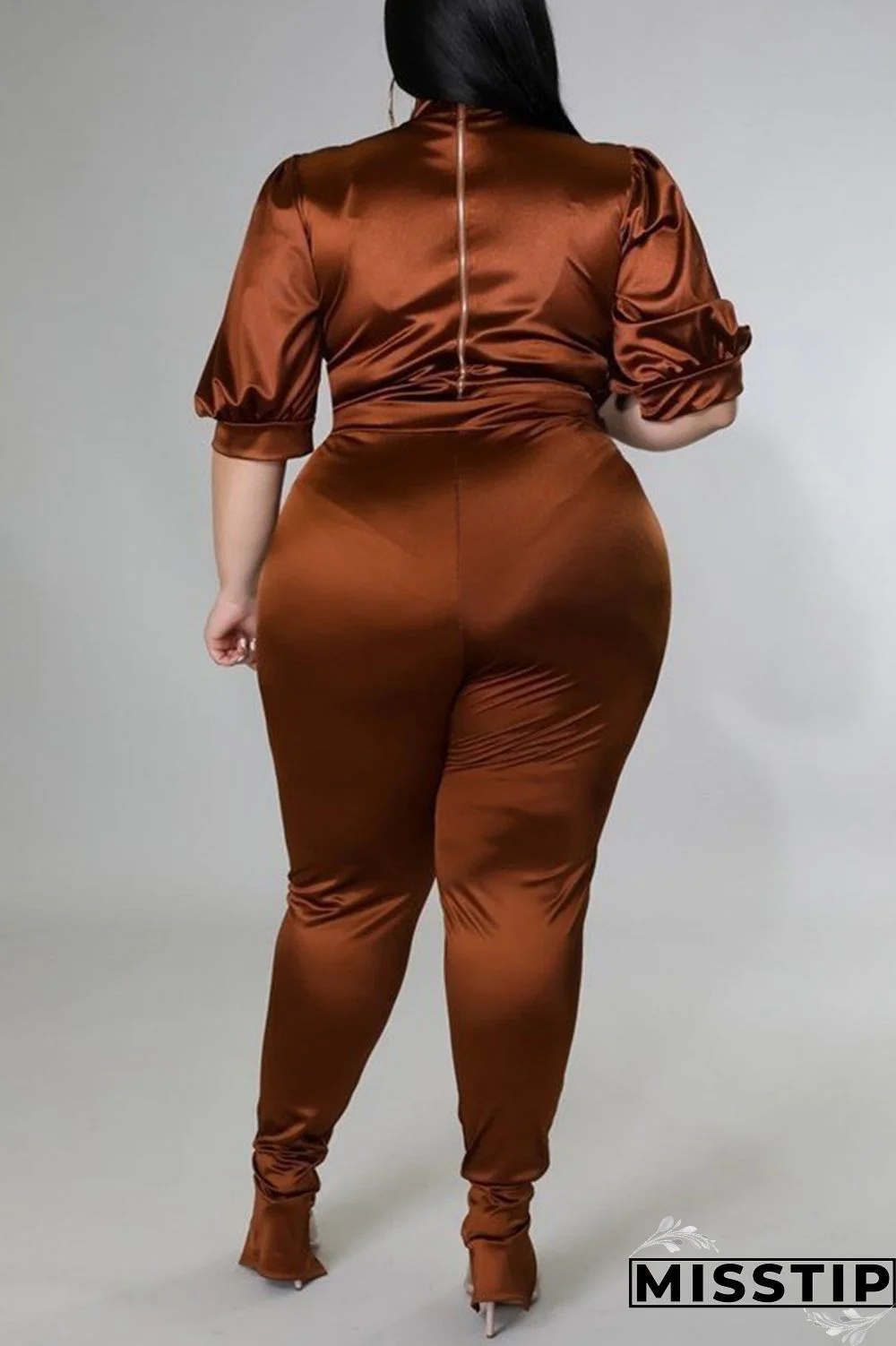 Coffee Casual Solid Patchwork Half A Turtleneck Plus Size Two Pieces