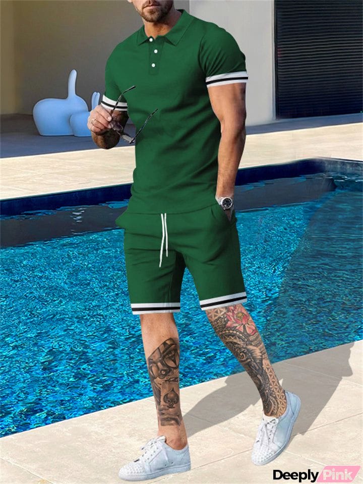 Men's Summer 2-Piece Lapel Short Sleeve T-shirt Loose Shorts