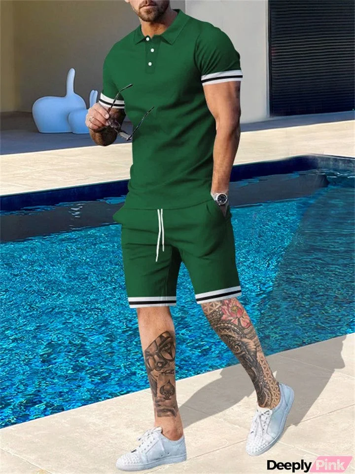 Men's Summer 2-Piece Lapel Short Sleeve T-shirt Loose Shorts