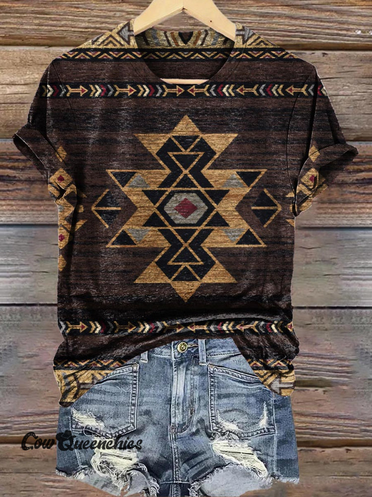 Retro Ethnic Art Pattern Print T-Shirt Brown / S