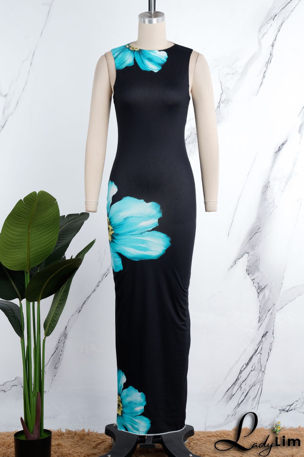 Black Elegant Floral Patchwork O Neck Wrapped Skirt Dresses