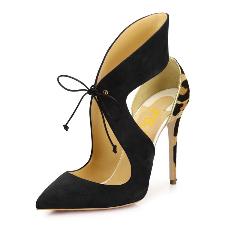 Black Lace up Heels Vegan Suede Leopard Print Pumps Stiletto Heels |FSJ Shoes