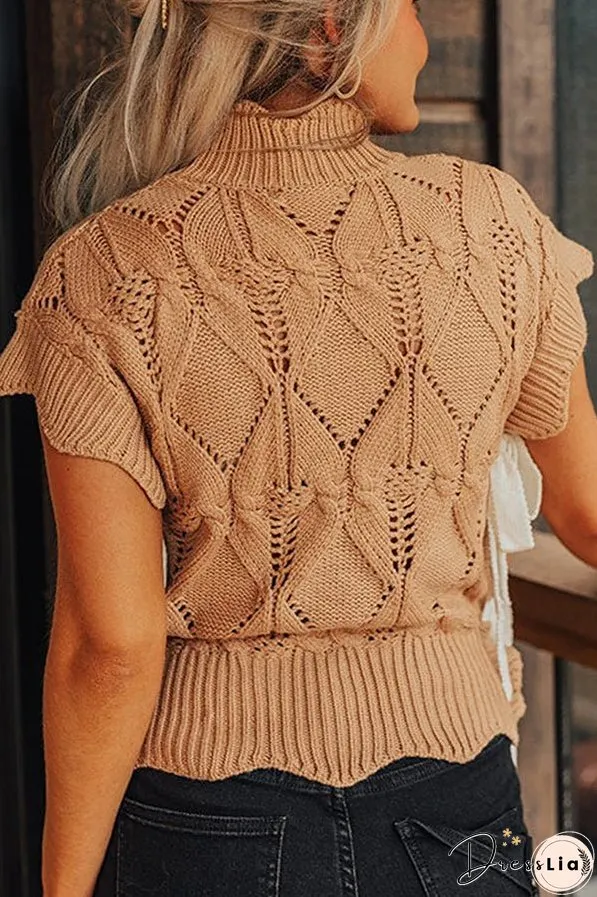 Light French Beige Hollowed Knit Scalloped Trim High Neck Sweater