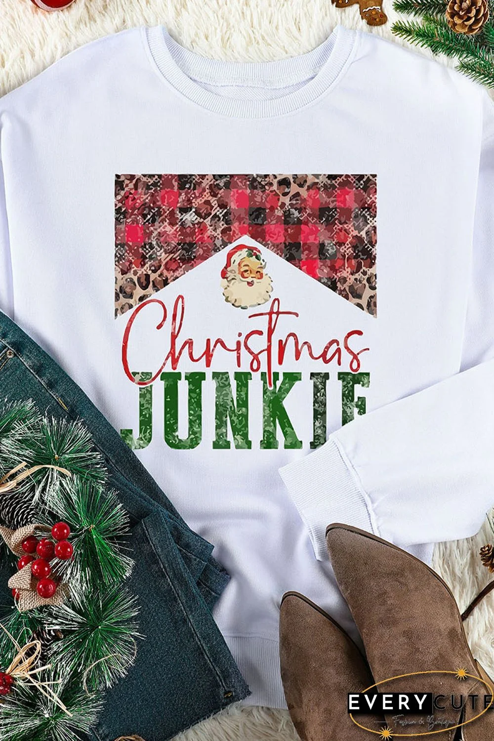 White Christmas JUNKIE Plaid Print Pullover Sweatshirt