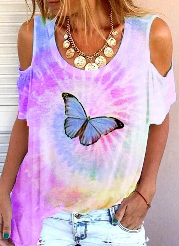 Off Shoulder Ombre/tie-Dye Casual Shirts & Tops