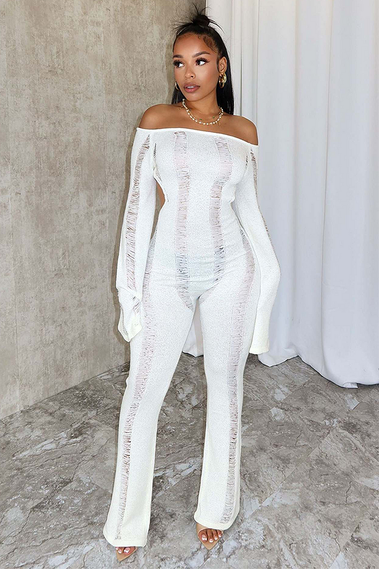 Ripped Knit Off Shoulder Long Sleeve Backless Slim Fit Jumpsuit-White